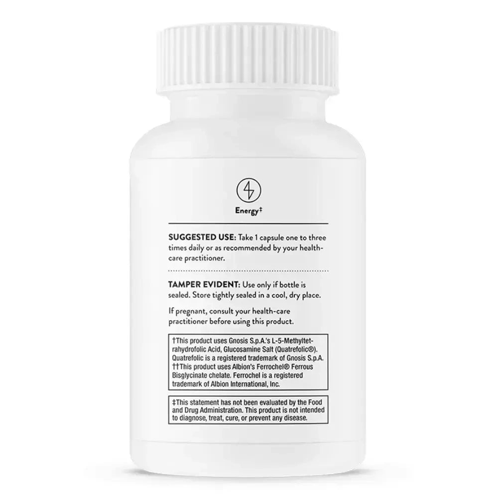 Thorne Advanced Iron Complex with vitamins B and C, 60 capsules – back of bottle with suggested use and warnings