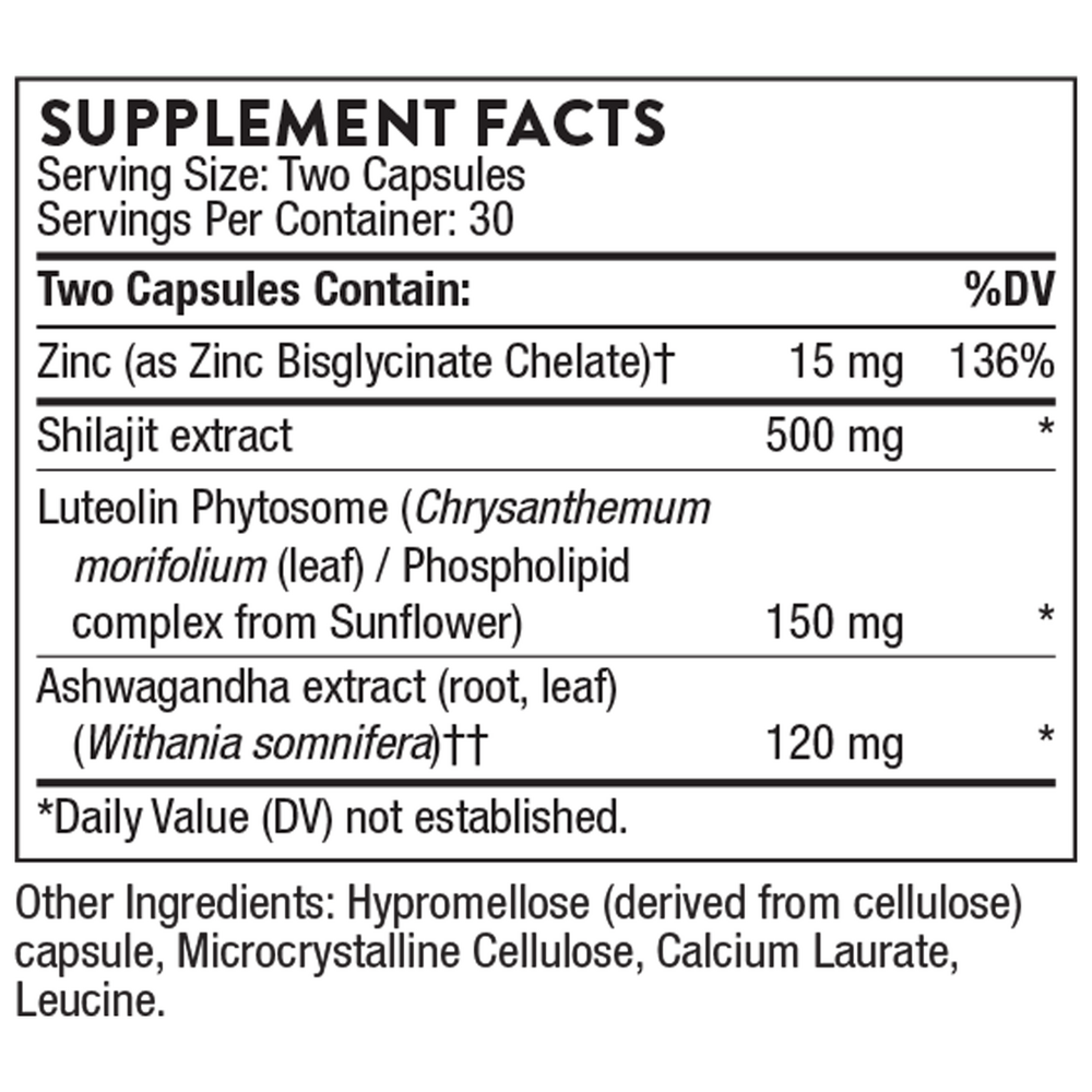 Thorne Advanced Testosterone Support supplement, 60 capsules – Supplement Facts panel with ingredients and amounts