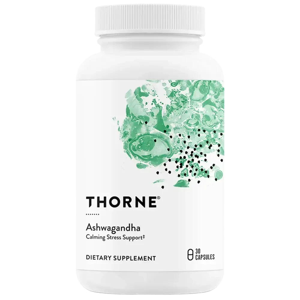 Thorne Ashwagandha calming stress support supplement, 30 capsules – front of bottle