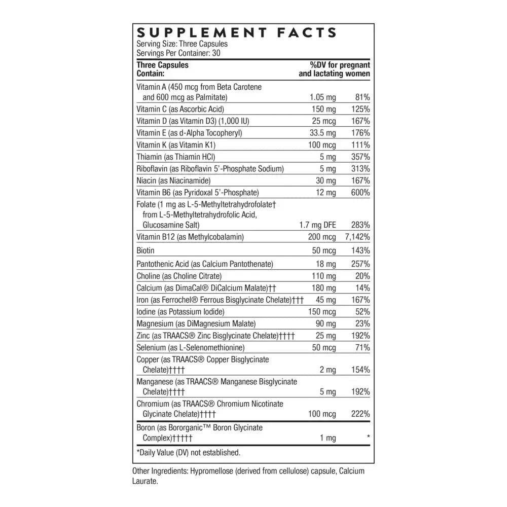 Thorne Basic Prenatal multivitamin with active folate, 90 capsules – Supplement Facts panel with ingredients and amounts