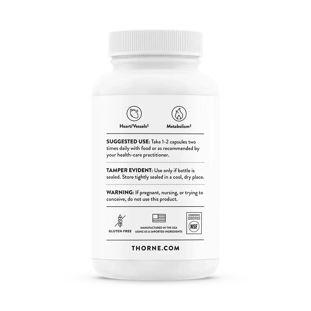 Thorne Berberine dual-action blood sugar support supplement, 60 capsules – back of bottle with suggested use and warnings