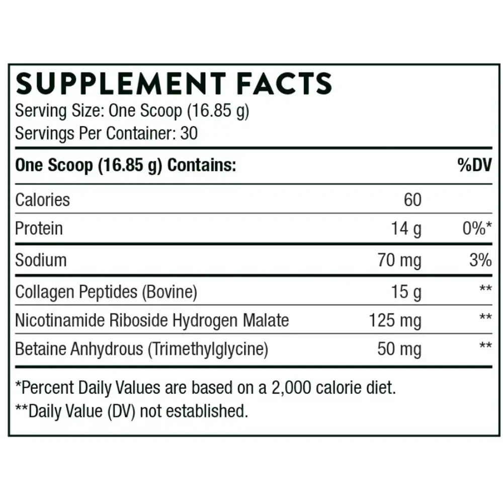 Thorne Collagen Fit collagen protein powder with nicotinamide riboside, 30 servings – Supplement Facts panel with ingredients and amounts
