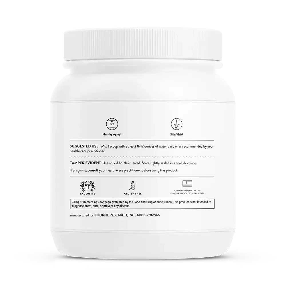 Thorne Collagen Plus Passion Berry collagen peptides powder, 30 servings – back of jar with suggested use and warnings