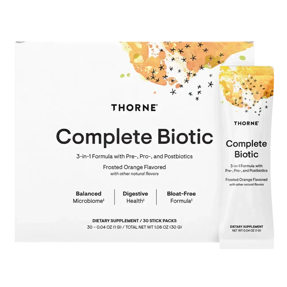 Thorne Complete Biotic prebiotic, probiotic and postbiotic, 30 stick packs – front of box