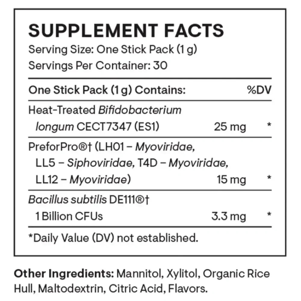 Thorne Complete Biotic prebiotic, probiotic and postbiotic, 30 stick packs – Supplement Facts panel with ingredients and amounts