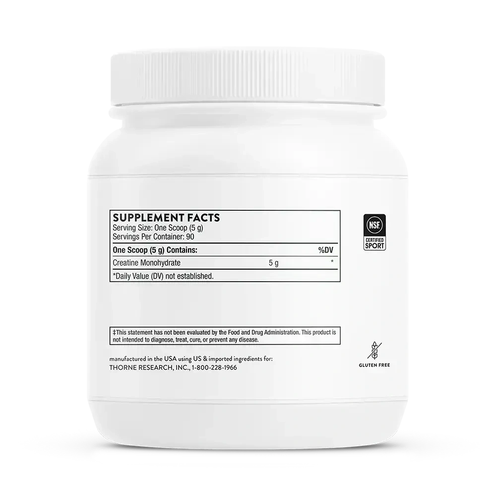 Thorne Creatine monohydrate powder, 90 servings – side of jar showing Supplement Facts
