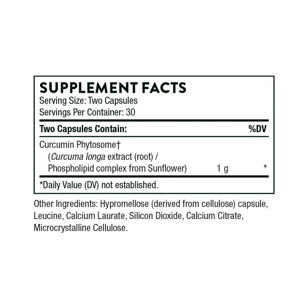Thorne Curcumin Phytosome 1000 mg turmeric supplement, 60 capsules – Supplement Facts panel with ingredients and amounts