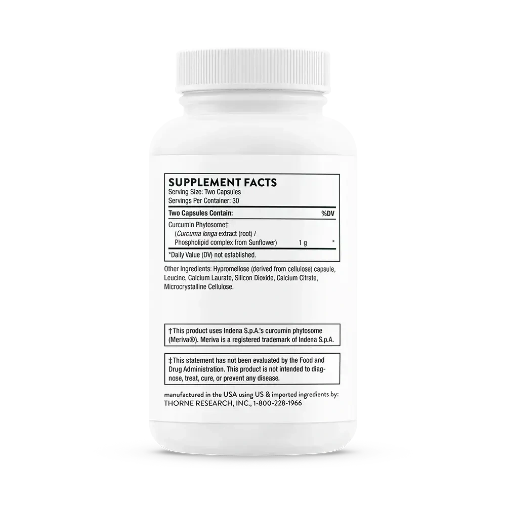 Thorne Curcumin Phytosome 1000 mg turmeric supplement, 60 capsules – side of bottle showing Supplement Facts