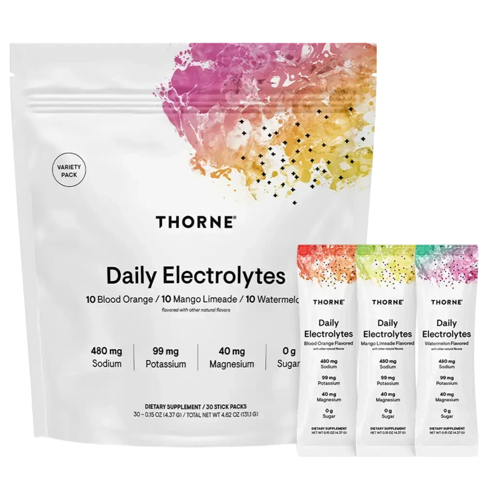 Thorne Daily Electrolytes variety pack, 30 stick packs – front of pouch