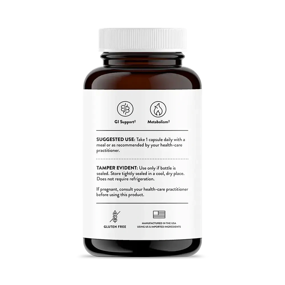 Thorne FloraMend Prime Probiotic, 30 capsules – back of bottle with suggested use and warnings