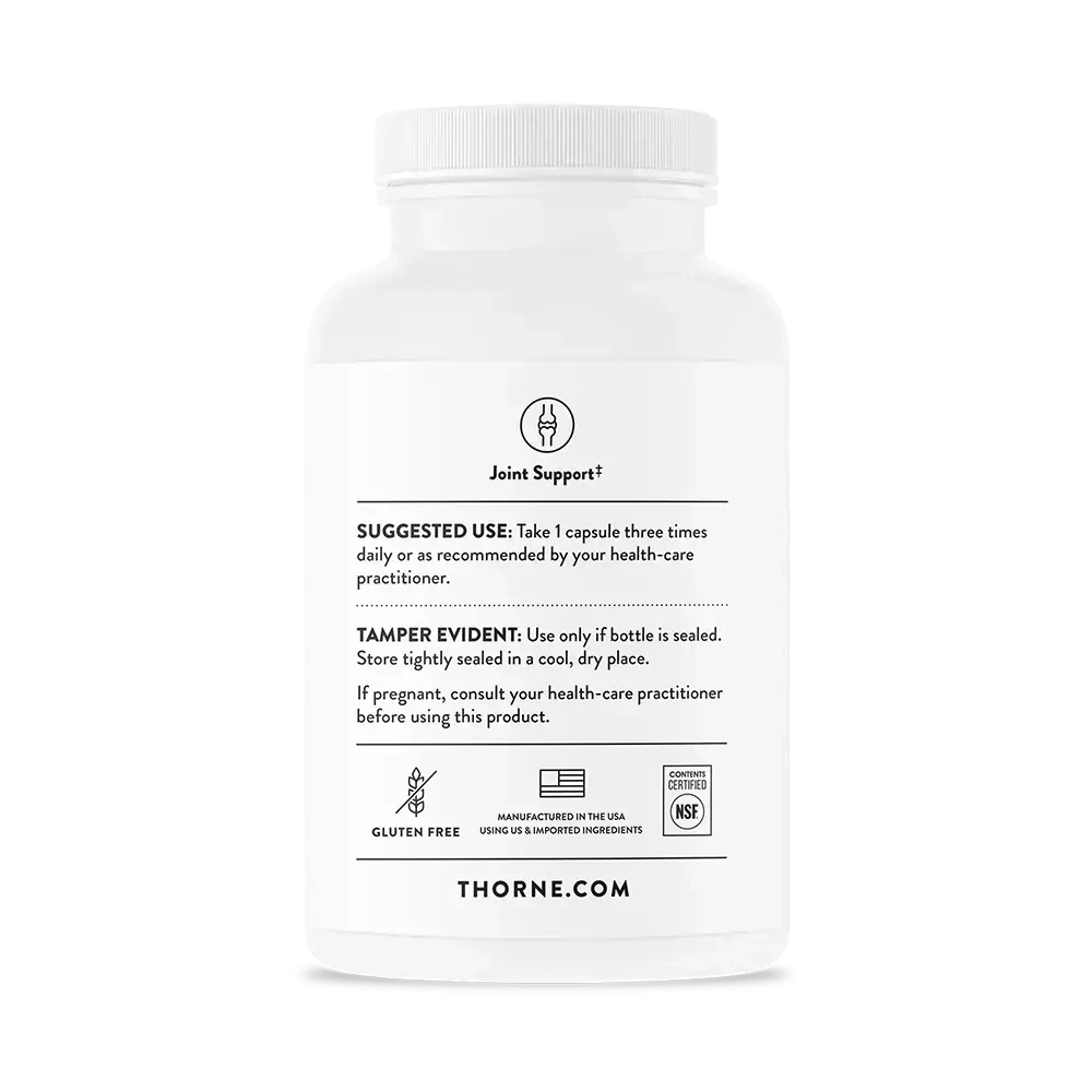 Thorne Glucosamine & Chondroitin joint support supplement, 90 capsules – back of bottle with suggested use and warnings
