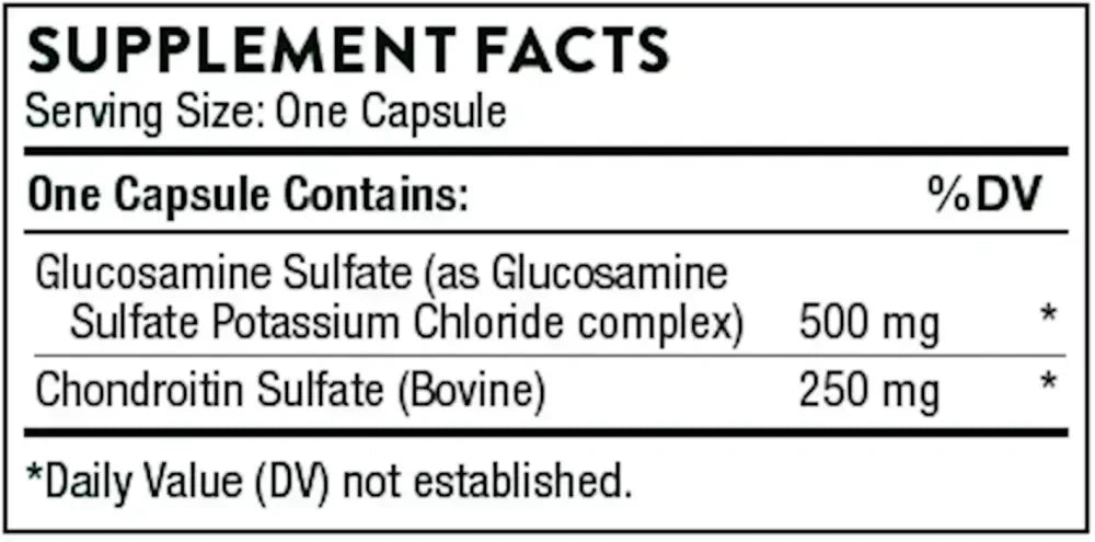 Thorne Glucosamine & Chondroitin joint support supplement, 90 capsules – Supplement Facts panel with ingredients and amounts