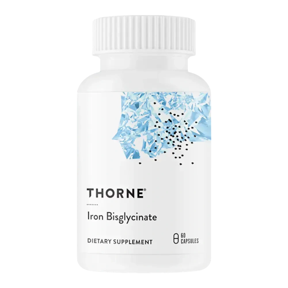 Thorne Iron Bisglycinate 25 mg gentle iron supplement, 60 capsules – front of bottle