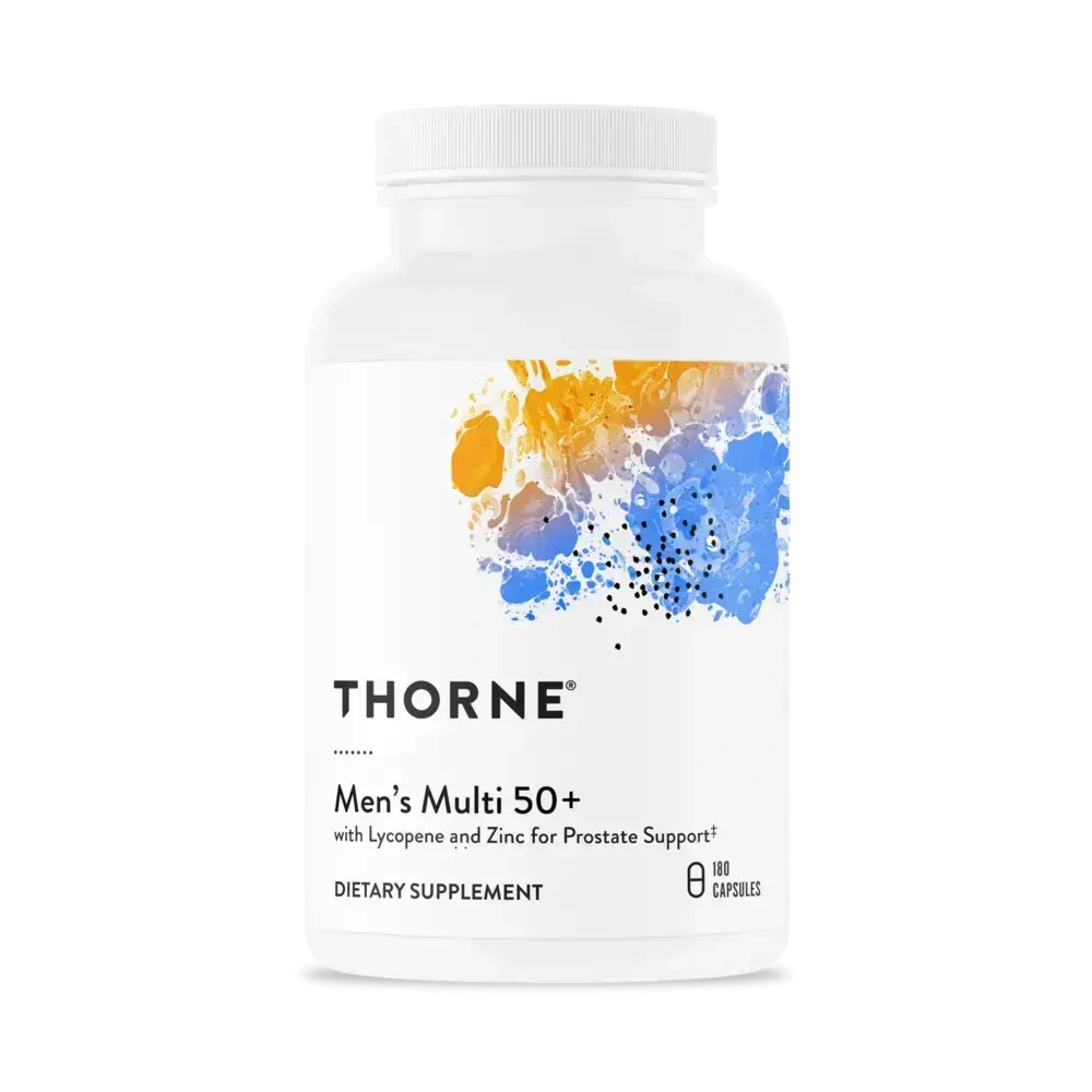 Thorne Men's Multi 50+ multivitamin for men over 50, 180 capsules – front of bottle