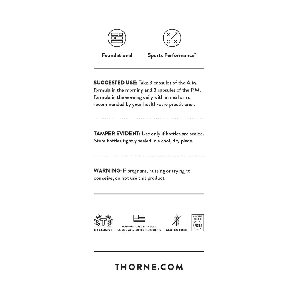 Thorne Multi-Vitamin Elite A.M./P.M. kit, 180 capsules – back of bottle with suggested use and warnings