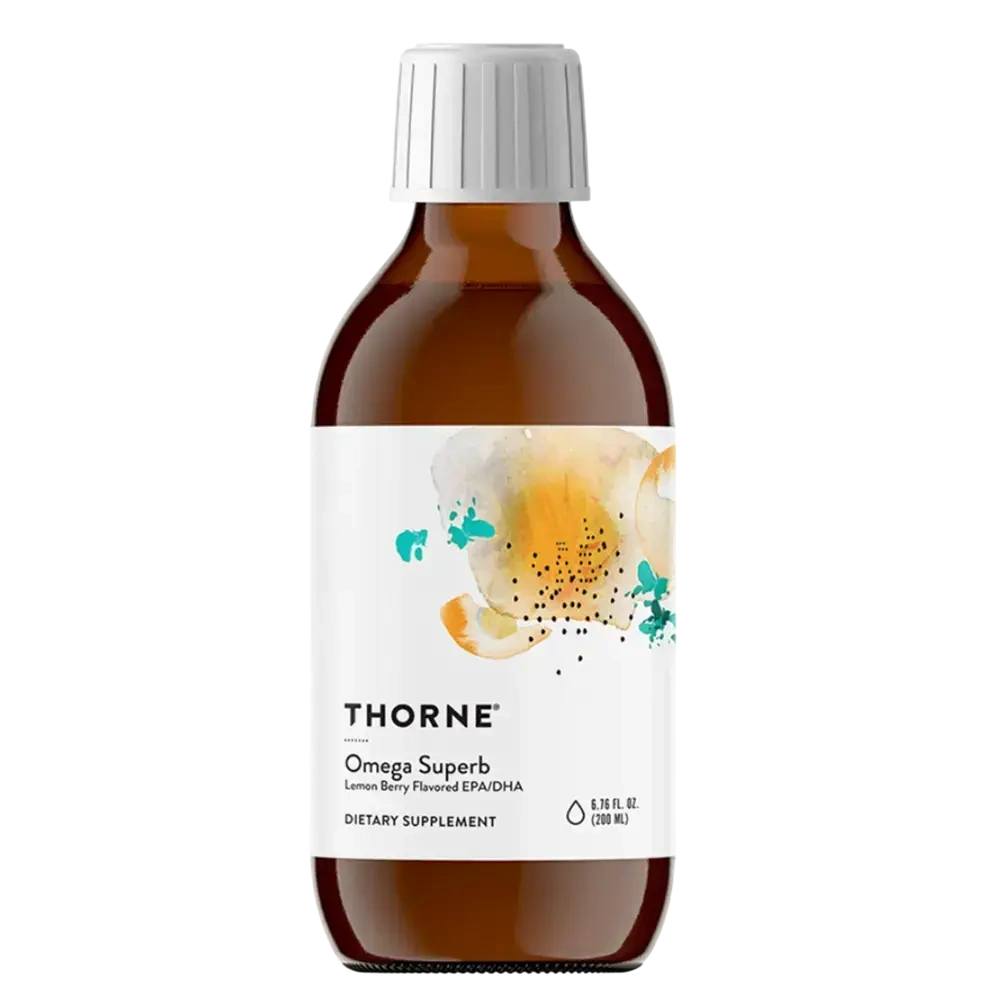 Thorne Omega Superb Lemon Berry liquid fish oil EPA/DHA – front of bottle