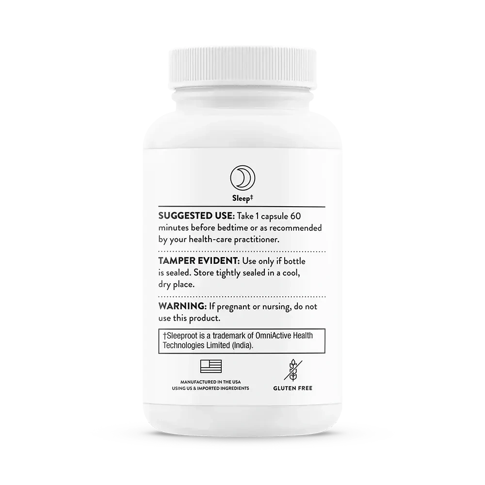 Thorne Valerian Root sleep support supplement, 30 capsules – back of bottle with suggested use and warnings