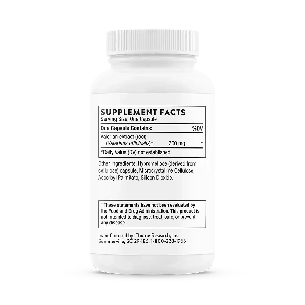 Thorne Valerian Root sleep support supplement, 30 capsules – Supplement Facts panel with ingredients and amounts
