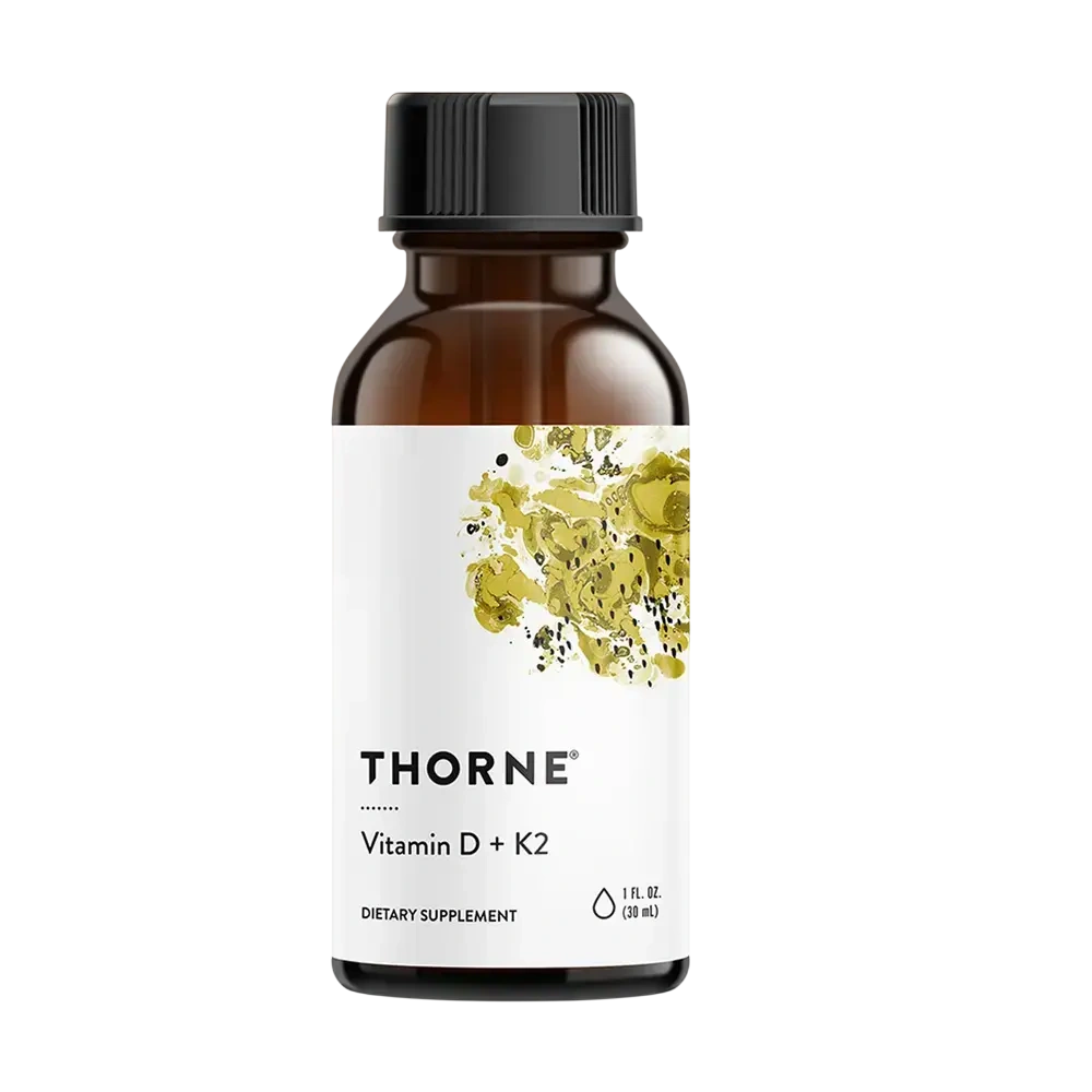 Thorne Vitamin D + K2 Liquid, 1,200 drops – front of dropper bottle