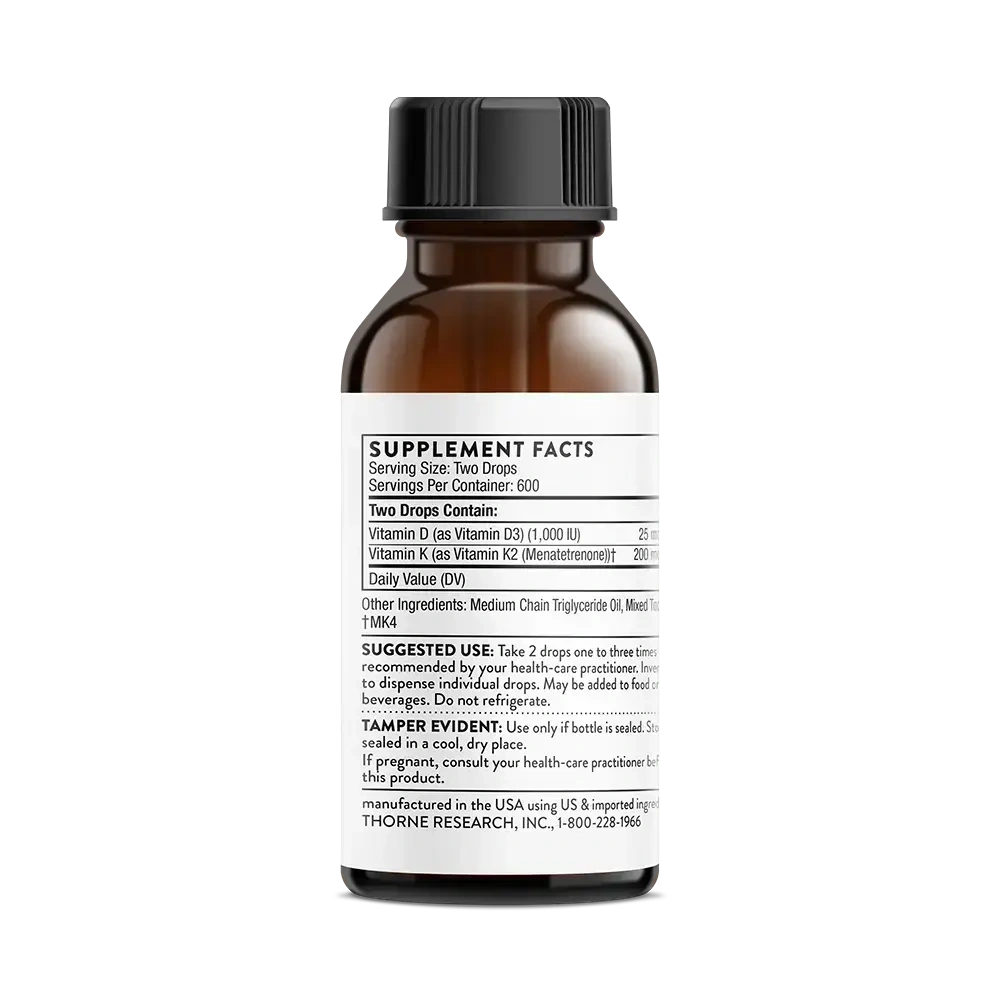 Thorne Vitamin D + K2 Liquid, 1,200 drops – back of dropper bottle with suggested use and warnings