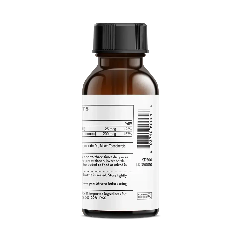 Thorne Vitamin D + K2 Liquid, 1,200 drops – side of dropper bottle showing Supplement Facts