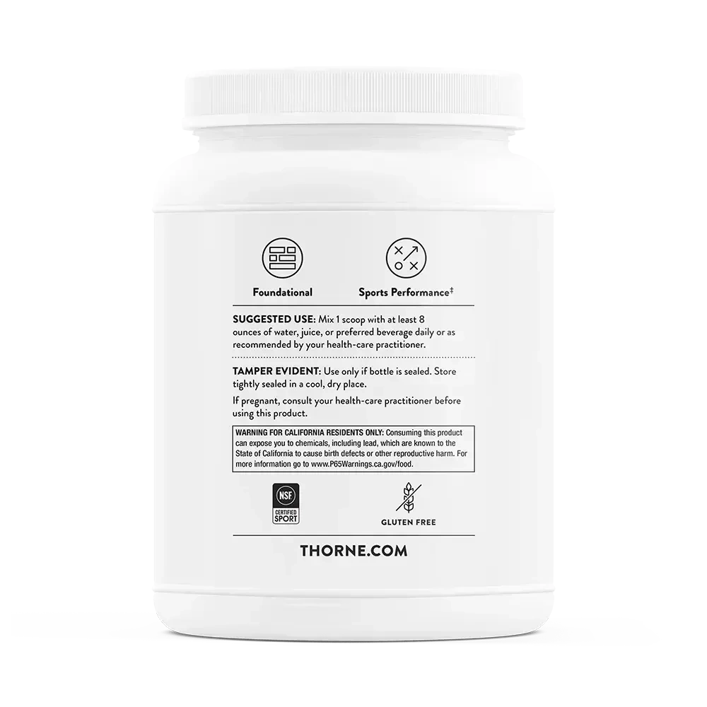 Thorne Whey Protein Isolate chocolate protein powder, 30 servings – back of tub with suggested use and warnings