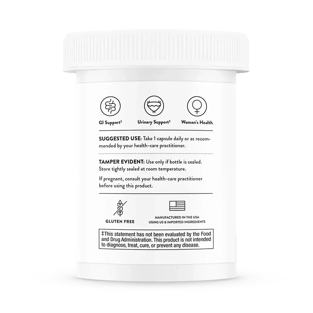Thorne Women's Daily Probiotic for vaginal and urinary health, 30 capsules – back of bottle with suggested use and warnings
