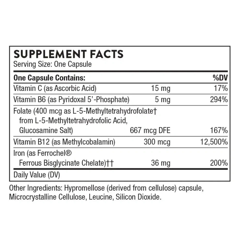 Thorne Advanced Iron Complex with vitamins B and C, 60 capsules – Supplement Facts panel with ingredients and amounts