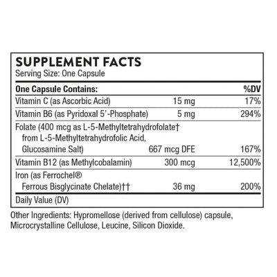 Thorne Advanced Iron Complex with vitamins B and C, 60 capsules – Supplement Facts panel with ingredients and amounts