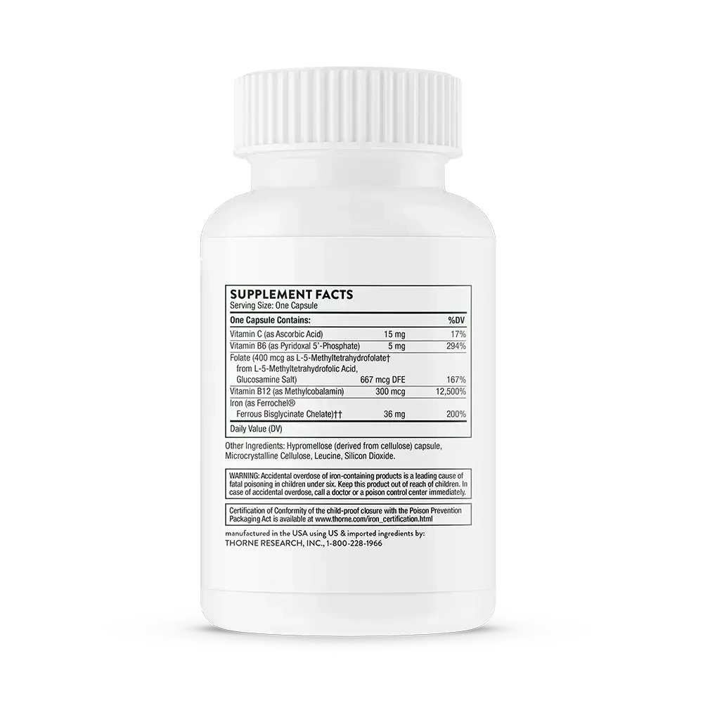 Thorne Advanced Iron Complex with vitamins B and C, 60 capsules – side of bottle showing Supplement Facts
