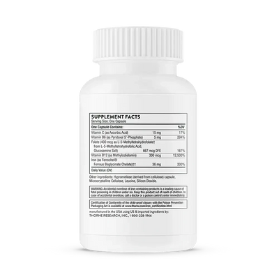 Thorne Advanced Iron Complex with vitamins B and C, 60 capsules – side of bottle showing Supplement Facts