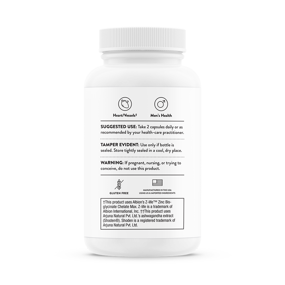 Thorne Advanced Testosterone Support supplement, 60 capsules – back of bottle with suggested use and warnings