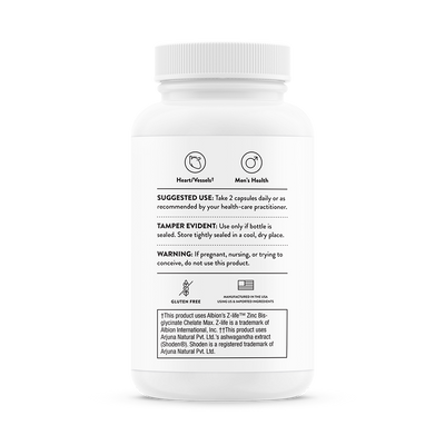 Thorne Advanced Testosterone Support supplement, 60 capsules – back of bottle with suggested use and warnings