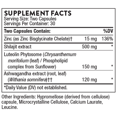 Thorne Advanced Testosterone Support supplement, 60 capsules – Supplement Facts panel with ingredients and amounts