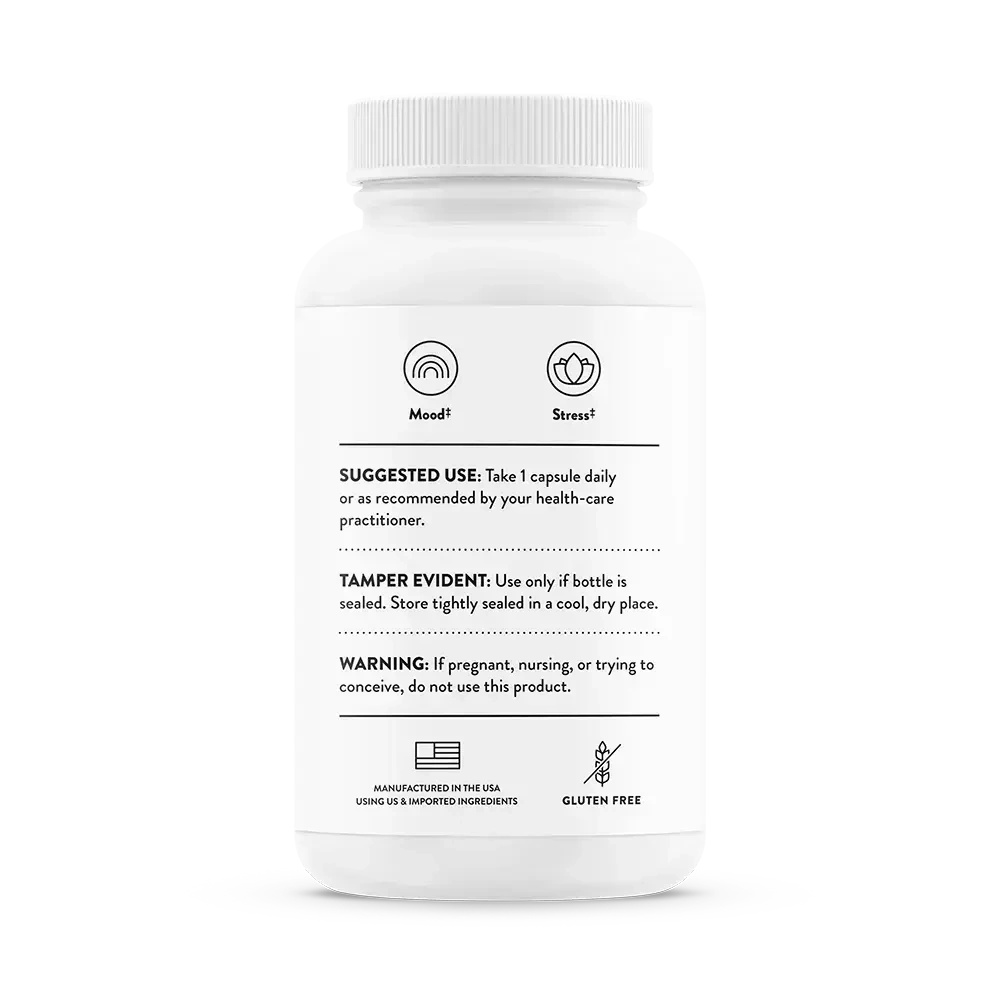Thorne Ashwagandha calming stress support supplement, 30 capsules – back of bottle with suggested use and warnings