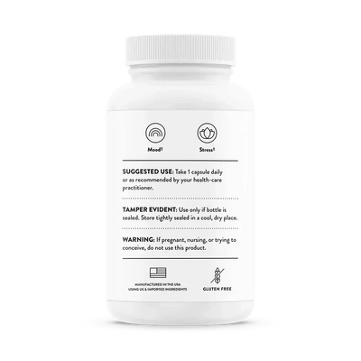 Thorne Ashwagandha calming stress support supplement, 30 capsules – back of bottle with suggested use and warnings