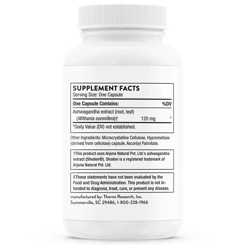 Thorne Ashwagandha calming stress support supplement, 30 capsules – Supplement Facts panel with ingredients and amounts