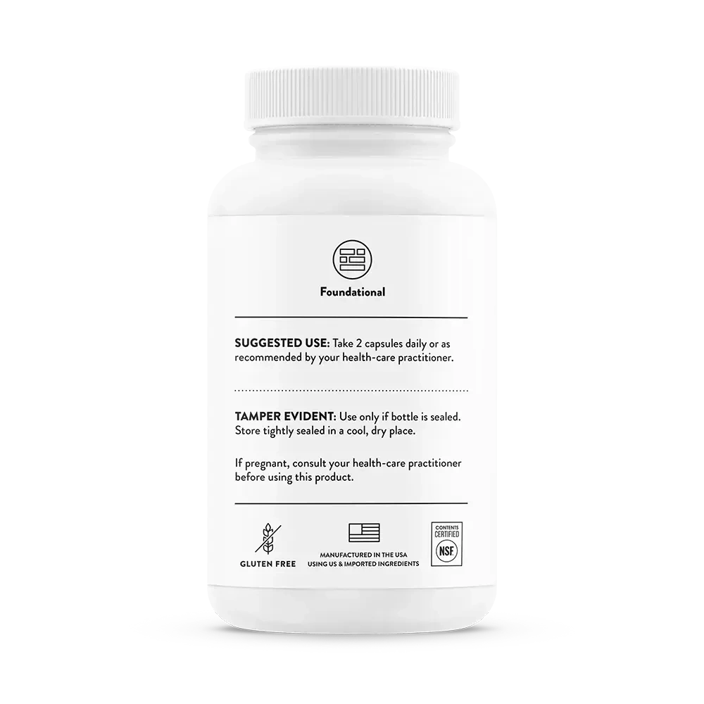 Thorne Basic Nutrients 2/Day daily multivitamin, 60 capsules – back of bottle with suggested use and warnings