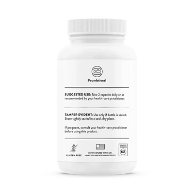 Thorne Basic Nutrients 2/Day daily multivitamin, 60 capsules – back of bottle with suggested use and warnings