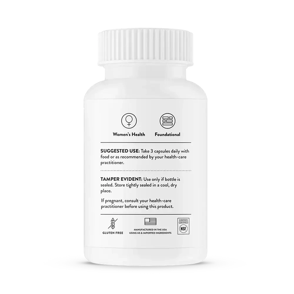 Thorne Basic Prenatal multivitamin with active folate, 90 capsules – back of bottle with suggested use and warnings