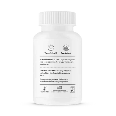 Thorne Basic Prenatal multivitamin with active folate, 90 capsules – back of bottle with suggested use and warnings