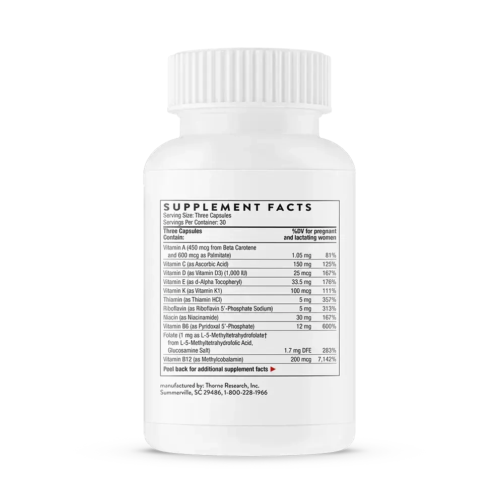 Thorne Basic Prenatal multivitamin with active folate, 90 capsules – side of bottle showing Supplement Facts