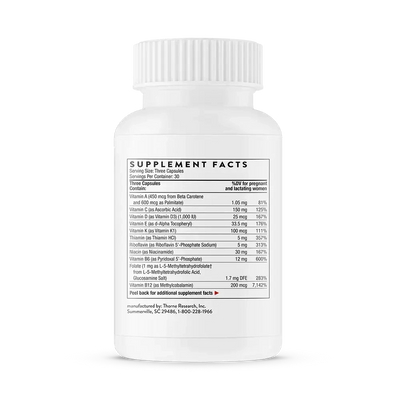 Thorne Basic Prenatal multivitamin with active folate, 90 capsules – side of bottle showing Supplement Facts