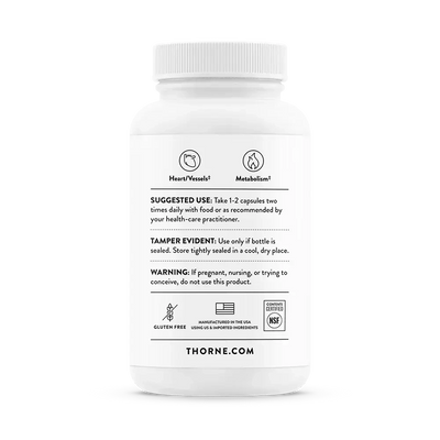 Thorne Berberine dual-action blood sugar support supplement, 60 capsules – back of bottle with suggested use and warnings