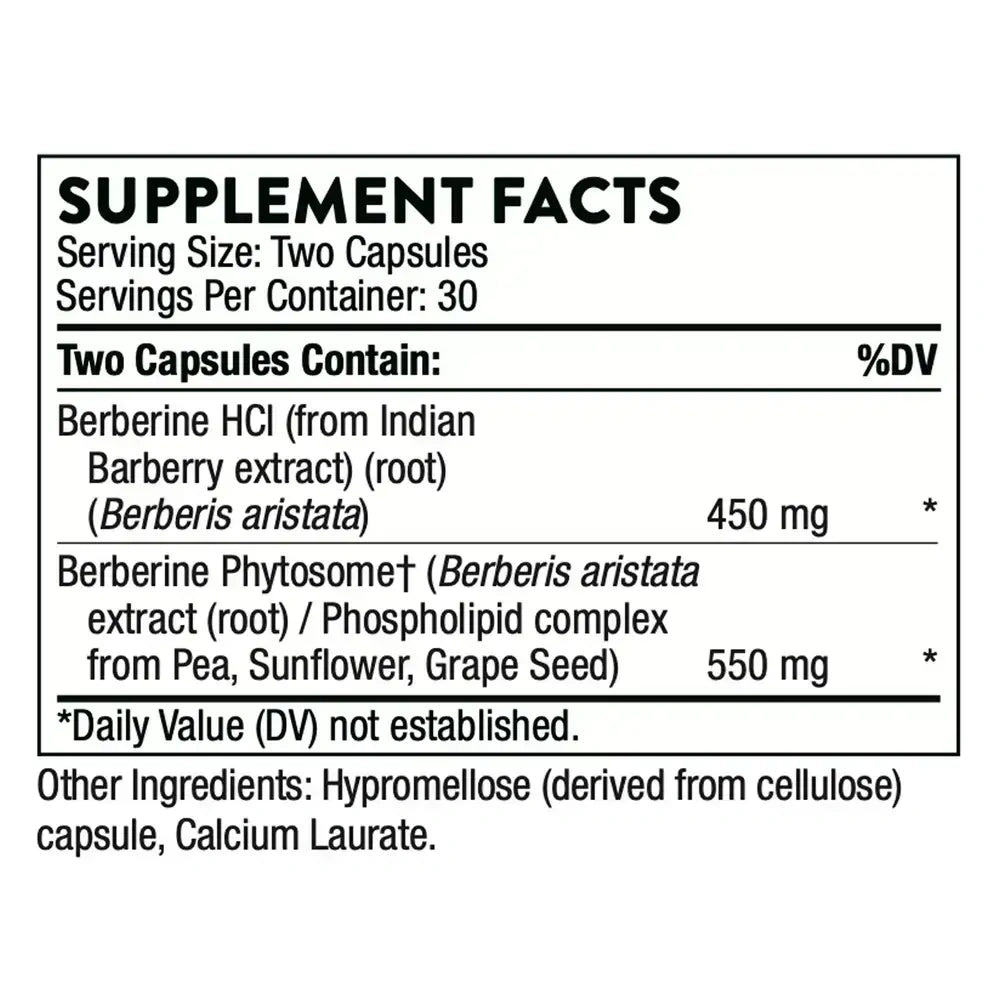 Thorne Berberine dual-action blood sugar support supplement, 60 capsules – Supplement Facts panel with ingredients and amounts