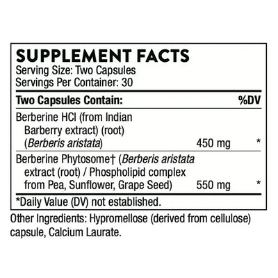 Thorne Berberine dual-action blood sugar support supplement, 60 capsules – Supplement Facts panel with ingredients and amounts