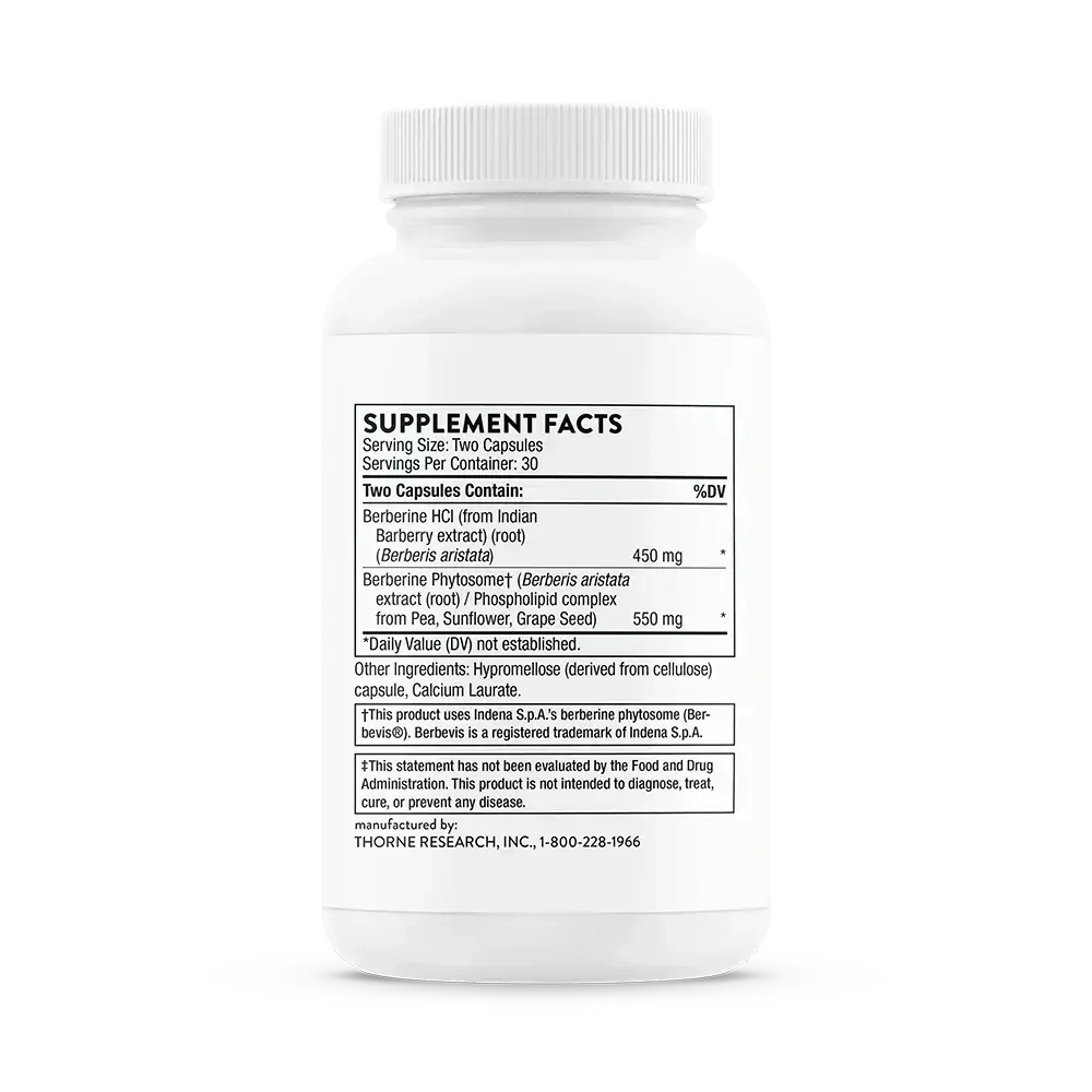 Thorne Berberine dual-action blood sugar support supplement, 60 capsules – side of bottle showing Supplement Facts