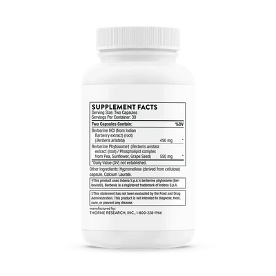 Thorne Berberine dual-action blood sugar support supplement, 60 capsules – side of bottle showing Supplement Facts