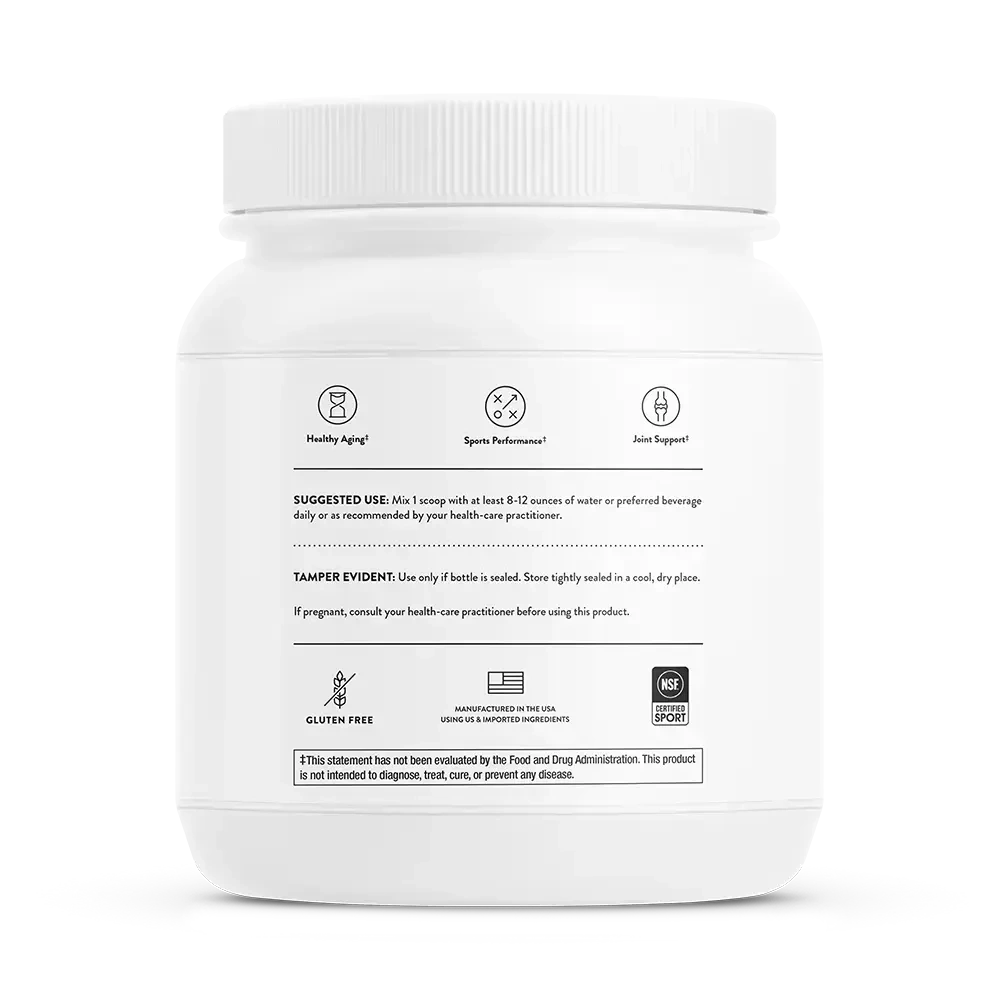 Thorne Collagen Fit collagen protein powder with nicotinamide riboside, 30 servings – back of jar with suggested use and warnings