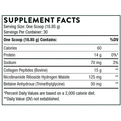 Thorne Collagen Fit collagen protein powder with nicotinamide riboside, 30 servings – Supplement Facts panel with ingredients and amounts
